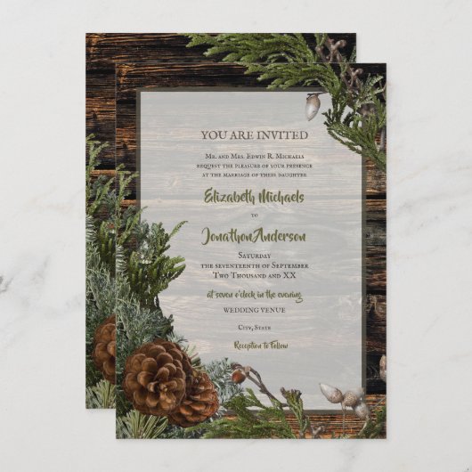 森素朴の暗い木結婚の常緑枝 招待状 (正面/裏面)