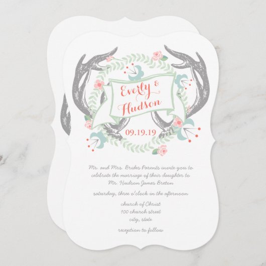 森素朴コーラルピンクグリーンヴィンテージフローラ 招待状 (正面/裏面)
