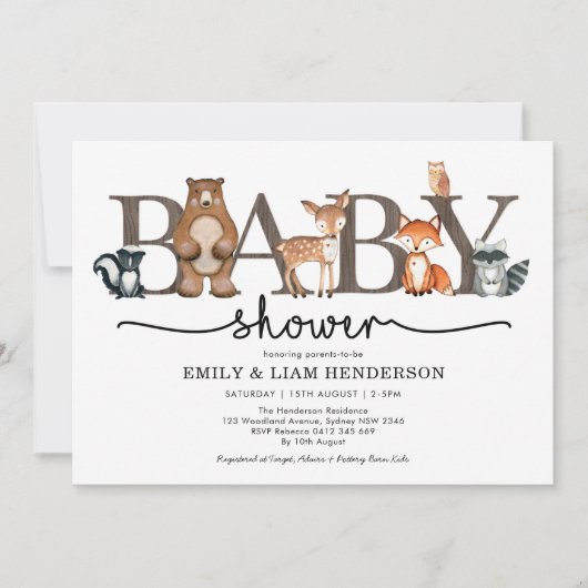 森素朴森林動物の赤ちゃんシャワー 招待状 (正面)