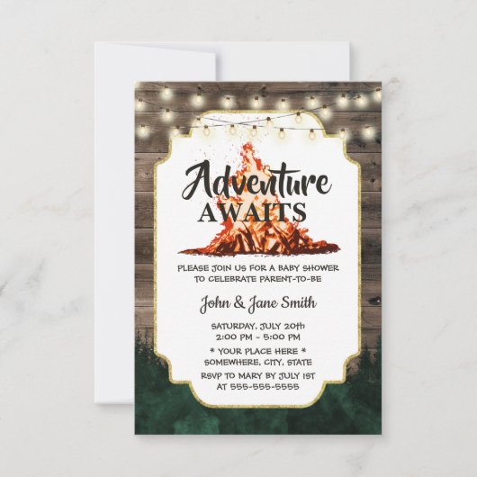 森素朴焚き火の冒険が赤ちゃんシャワーを待つ 招待状 (正面)