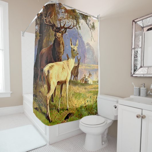 森赤と白池の近くのシカ シャワーカーテン (インサイチュ)