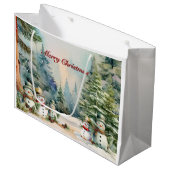 森霜の降りたの思い出：雪だるまと松の大木 ラージペーパーバッグ (正面アングル)