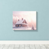 森魅力的の中の雪に覆われた木造のキャビン キャンバスプリント (インサイチュ (ウッドフロア))