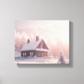 森魅力的の中の雪に覆われた木造のキャビン キャンバスプリント (正面)