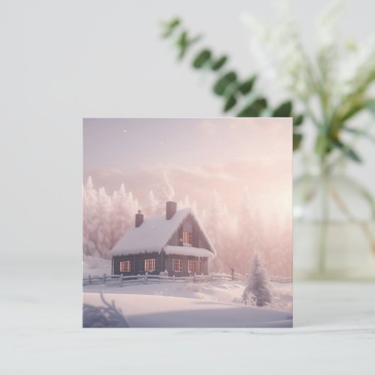 森魅力的の中の雪に覆われた木造のキャビン シーズンカード (スタンド正面)