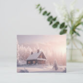 森魅力的の中の雪に覆われた木造のキャビン ポストカード (スタンド正面)