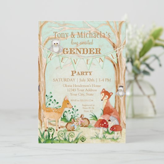 森(き)の生き物たちが鹿の性別を明かすキツネ梟 招待状 (スタンド正面)