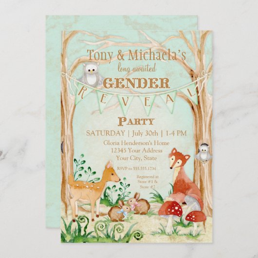 森(き)の生き物たちが鹿の性別を明かすキツネ梟 招待状 (正面/裏面)