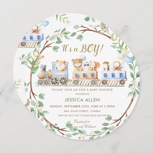 森（き）林（りゅう）動物が緑のベビーシャワーを訓練   招待状 (正面/裏面)