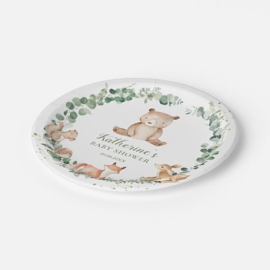 森(き)林(りゅう)動物が緑の中立ベビーシャワー ペーパープレート (アングル)