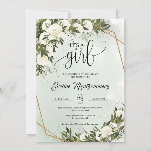 森 緑オリーブの葉 白いバラ それは女の子です 招待状 (正面)