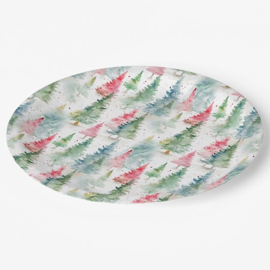 森、赤と緑の松の木のホリデー ペーパープレート (アングル)