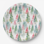 森、赤と緑の松の木のホリデー ペーパープレート (正面)