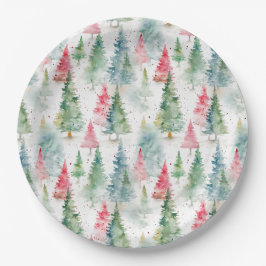 森、赤と緑の松の木のホリデー ペーパープレート