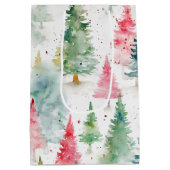 森、赤と緑の松の木の休日 ミディアムペーパーバッグ (裏面)