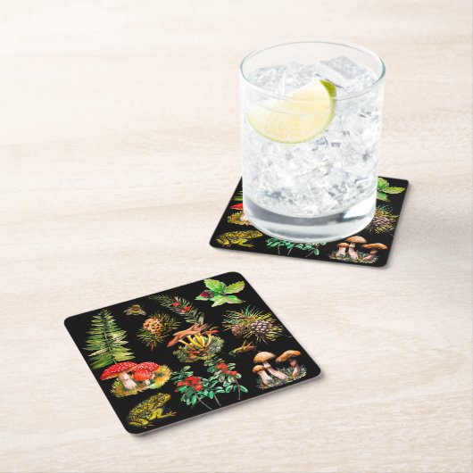 森、野生のキノコ スクエアペーパーコースター (インサイチュ)