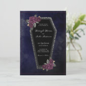 棺の薔薇が輝くネイビーブルーのハロウィンウェディング 招待状 (スタンド正面)