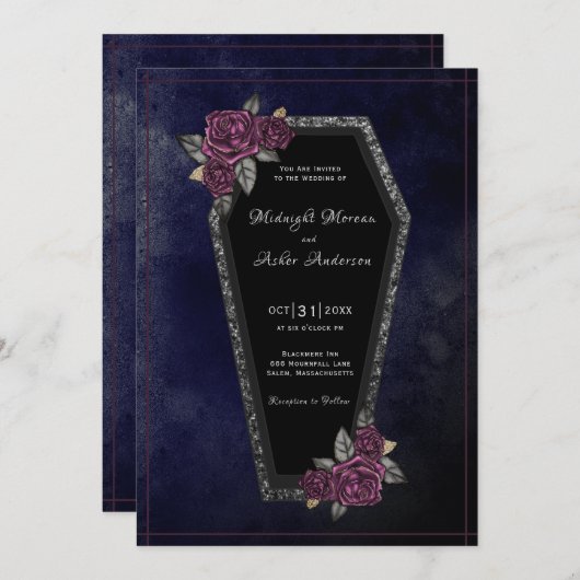 棺の薔薇が輝くネイビーブルーのハロウィンウェディング 招待状 (正面/裏面)
