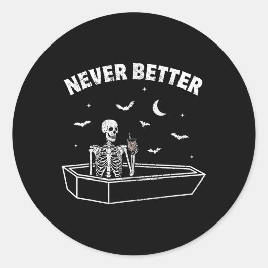 棺桶に座るスカルドクロ Never Better ハロウィン ラウンドシール (正面)
