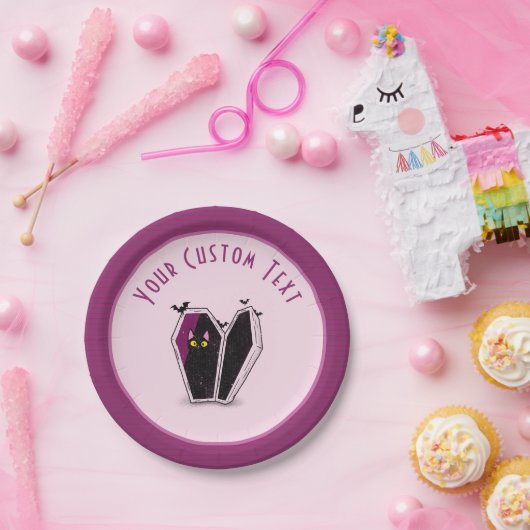 棺桶ピンクのハロウィンのかわいい黒猫ガーリー ペーパープレート (パーティー)