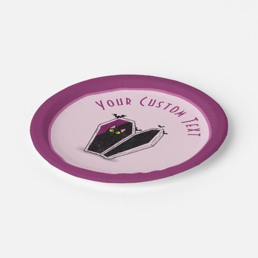 棺桶ピンクのハロウィンのかわいい黒猫ガーリー ペーパープレート (アングル)