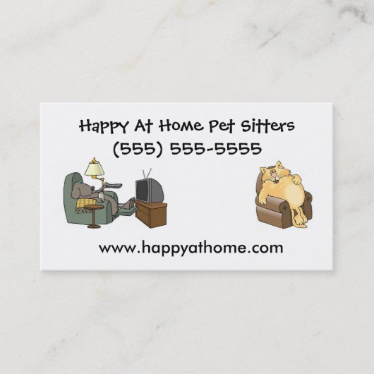 椅子でテレビを見る猫と犬のドッグウォーカー 名刺 (正面)