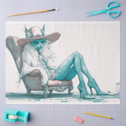 椅子にお洒落ティール（緑がかった色）の白猫を切り離す 薄葉紙 (クラフト)