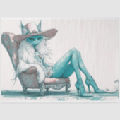 椅子にお洒落ティール（緑がかった色）の白猫を切り離す 薄葉紙 (正面)