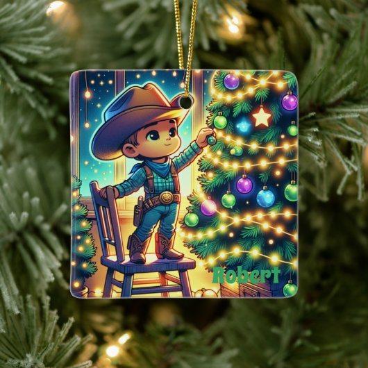 椅子に座った小さなカウボーイ飾のクリスマスツリー セラミックオーナメント (ツリー)