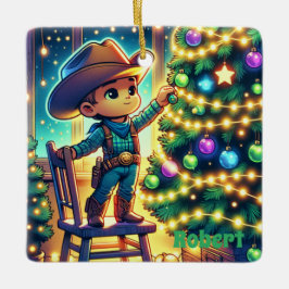 椅子に座った小さなカウボーイ飾のクリスマスツリー セラミックオーナメント