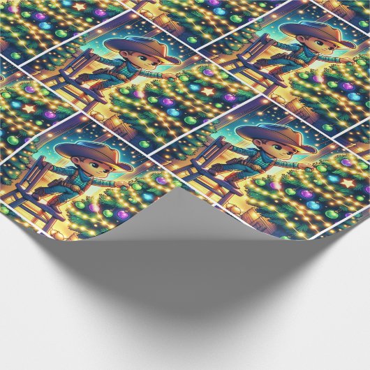 椅子に座った小さなカウボーイ飾のクリスマスツリー ラッピングペーパー (角)