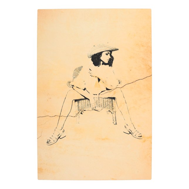 椅子に座った20インチx 30インチフラクチャした女性 メタルプリント (正面)