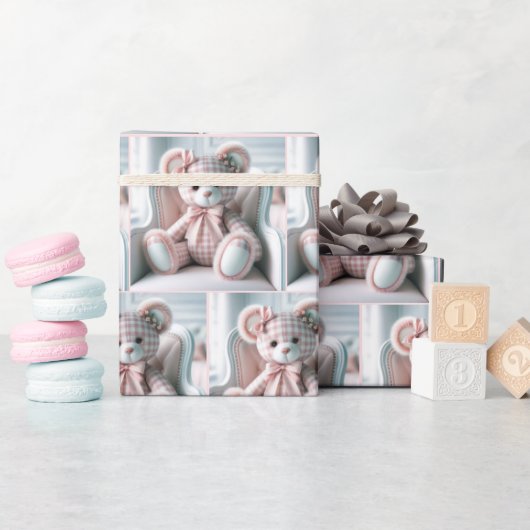 椅子に座るギンガムテディベア ラッピングペーパー (ベビーシャワー)