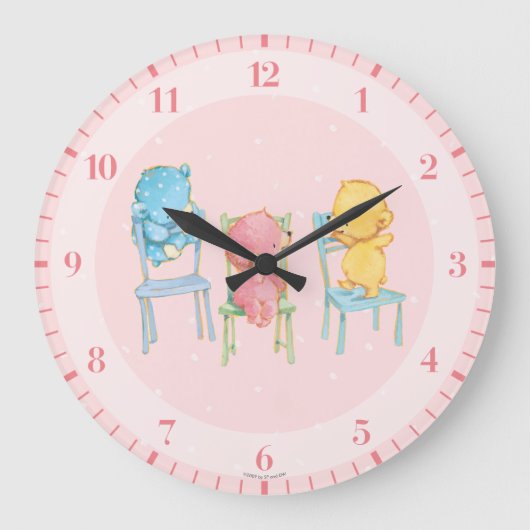椅子に黄色、ピンク、青のクマ ラージ壁時計 (正面)