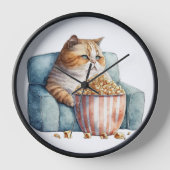 椅子のポップコーンに座る水色食べ物太ネコ 壁時計 (正面)