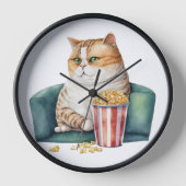 椅子のポップコーンに座る水色食べ物太ネコ 壁時計 (正面)