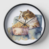椅子のポップコーンに座る水色食べ物太ネコ 壁時計 (正面)