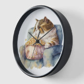 椅子のポップコーンに座る水色食べ物太ネコ 壁時計 (傾斜)