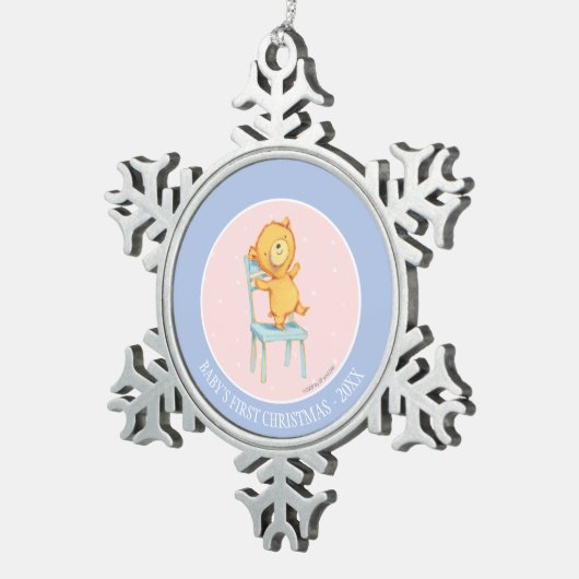 椅子の黄色いくまのダンスそして演劇 スノーフレークピューターオーナメント (右)