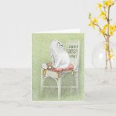 椅子枕の白ペルシャ猫 カード (黄色い花)