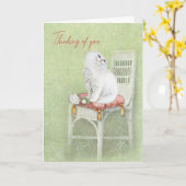 椅子枕の白ペルシャ猫 カード (黄色い花)