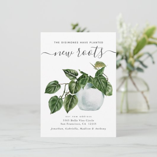 植えられた新しい根の水彩植物の移動 案内状 (スタンド正面)