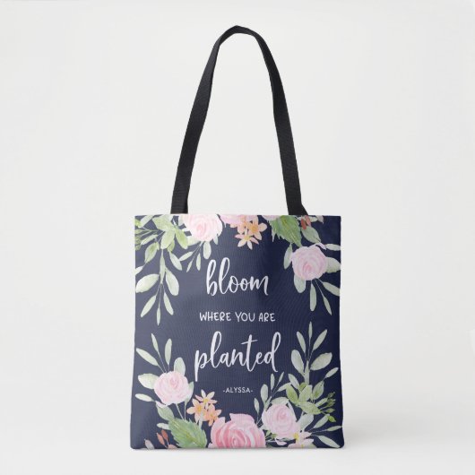 植えられた|の花柄のタイポグラフィであるところ開花 トートバッグ (正面)