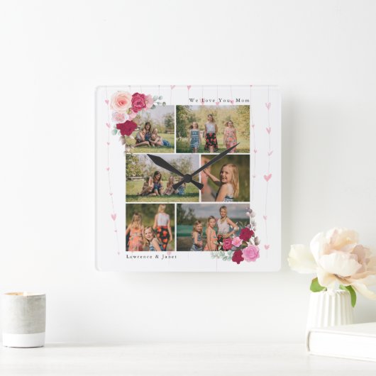 植シンプル物フローラMOM 6フォトコラージュの贈り物 スクエア壁時計 (ホーム)