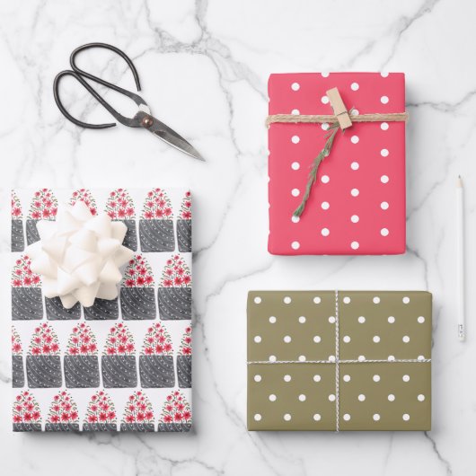 植木鉢フローラ水彩水玉模様赤緑 ラッピングペーパーシート (正面)