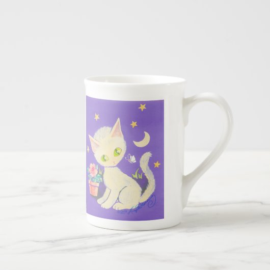 植木鉢、月及び星を持つクリーム色の子猫猫 ボーンチャイナマグカップ (右)