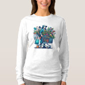 植物おもしろいでいっぱいのショッピングカートを持つ女性 Tシャツ (正面)
