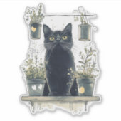 植物お洒落の棚に黒い猫 シール (正面)