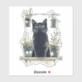 植物お洒落の棚に黒い猫 シール (シート)