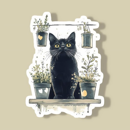 植物お洒落の棚に黒い猫 シール